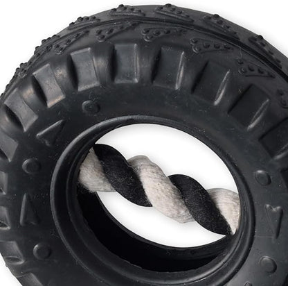 Pet Passion Natural Rubber Tire and Organic Cotton Rope Pull and Chew Dog Toy for All Pet Breeds, Black, Medium
