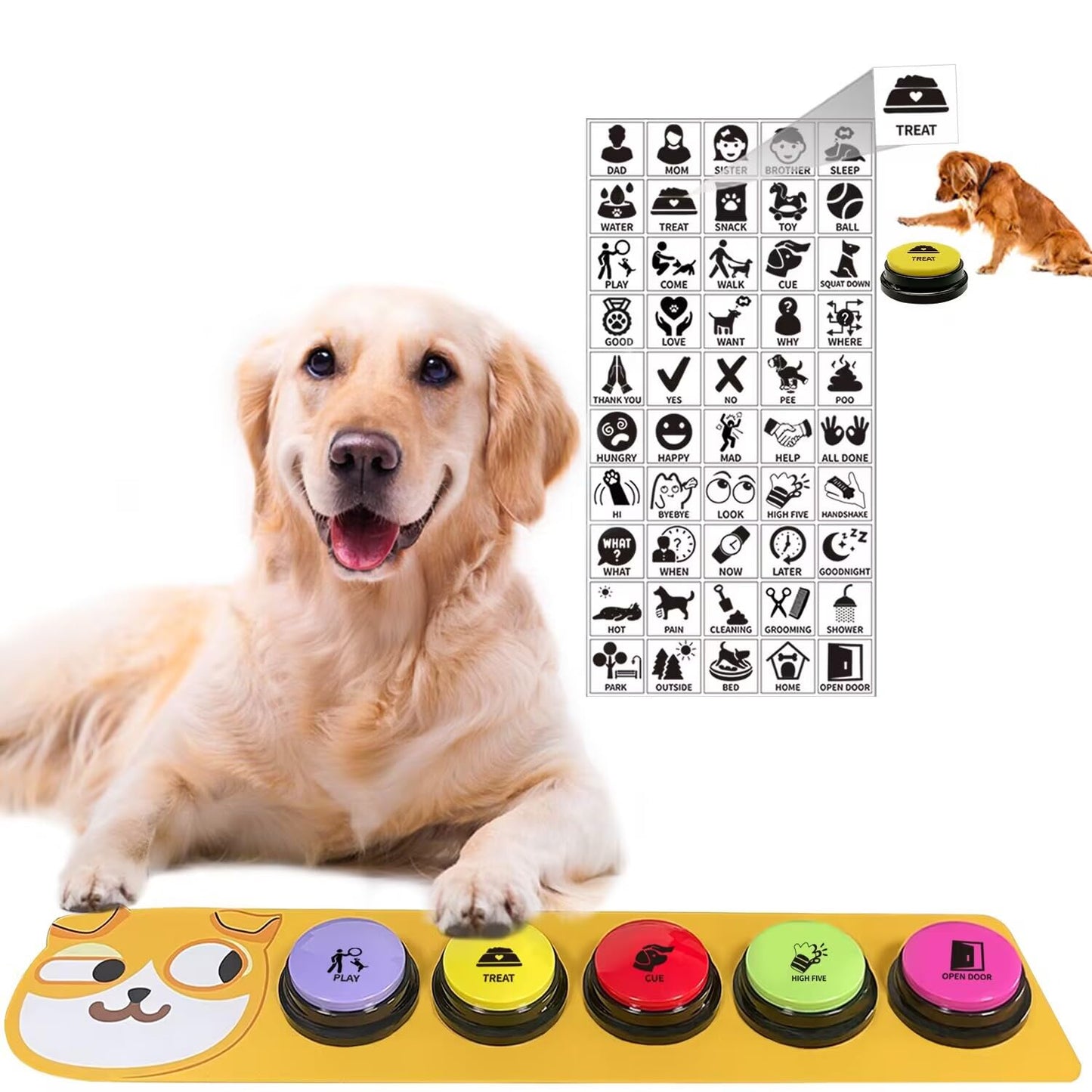 RIBOSY Dog Buttons for Communication, 5 Pcs Dog Speech Training Buzzers with Non-Slip Rubber Pad and 50 Stickers, 30 Seconds Voice Recording Button for Pet to Voice What They Want (Battery Included)