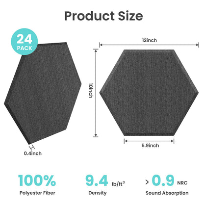 TOMAIX 24 Pack Hexagon Panel, 12"X10"X 0.4"Black Hexagon Self Adhesive Soundproof Wall Panels, High-Density Sound Absorbing Panels, Acoustic Treatment Panels