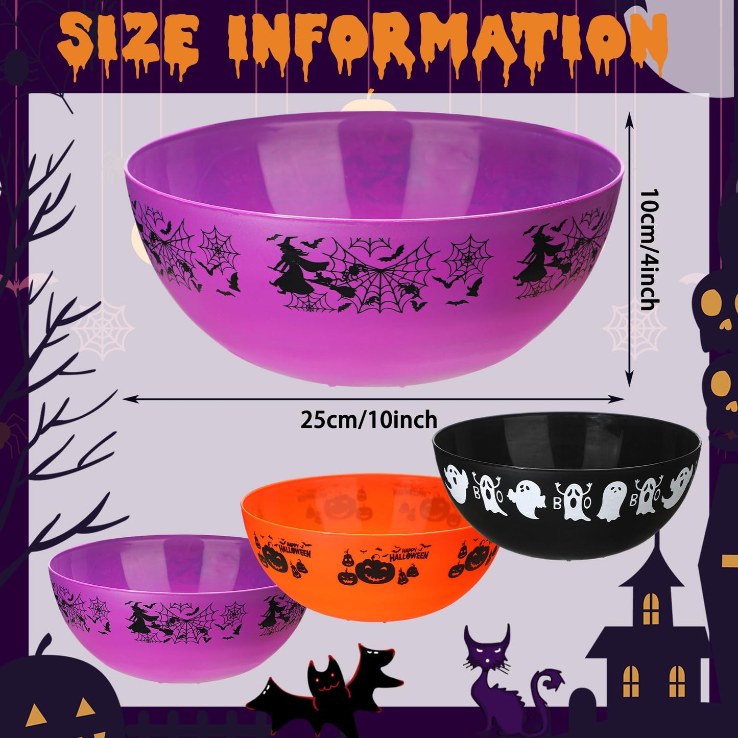 Didaey 3 Pcs Halloween Candy Bowl Plastic Trick Treat Candy Bowls Halloween Party Supplies Large Party Plastic Serving Tableware Holders(Horrific)