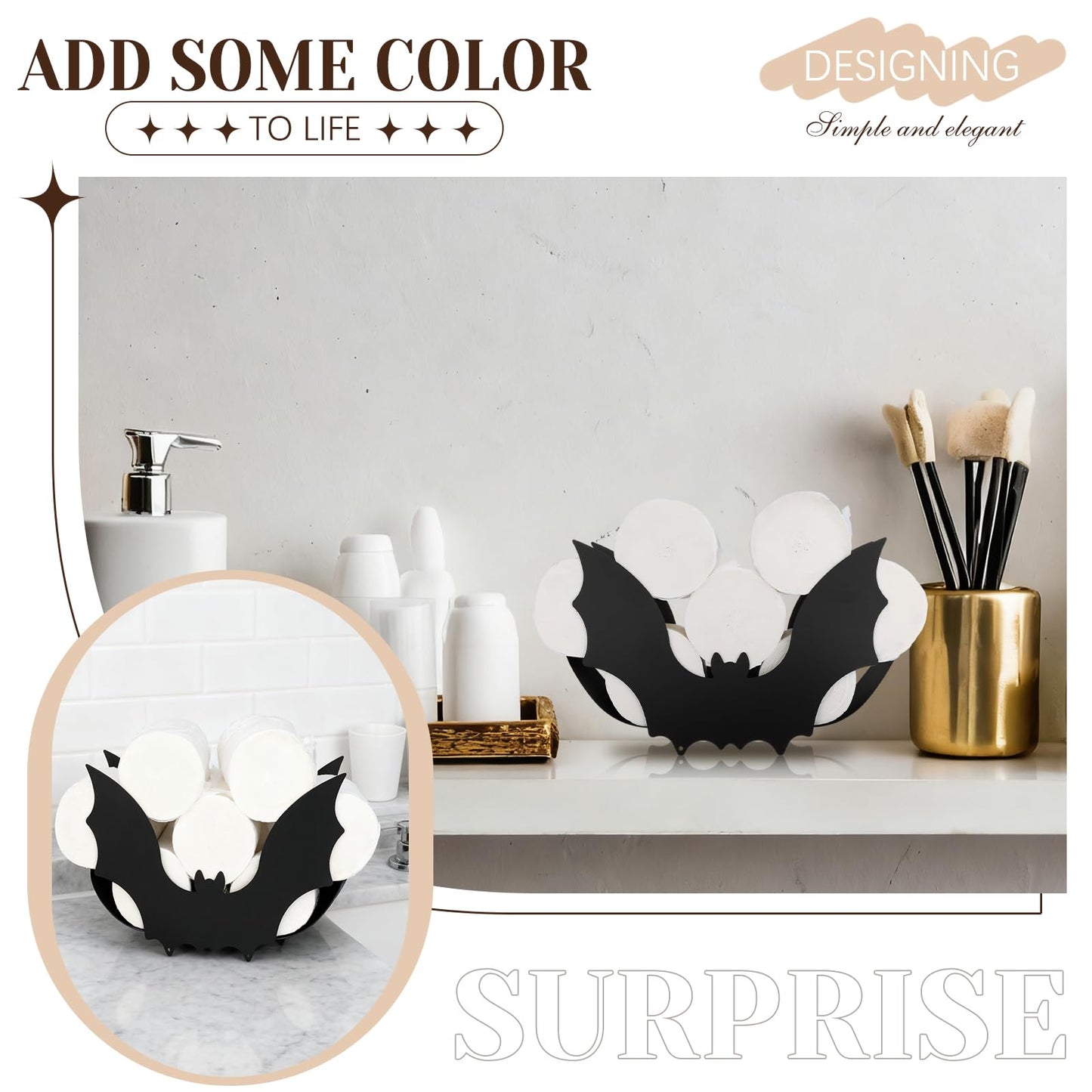 Novabright Black Bat Toilet Paper Roll Holder Halloween Gothic Bathroom Storage Decor Metal Witch Wall Mounted Toilets Paper Holder Funny Tissue Storage Organizer for Washroom Rack Art