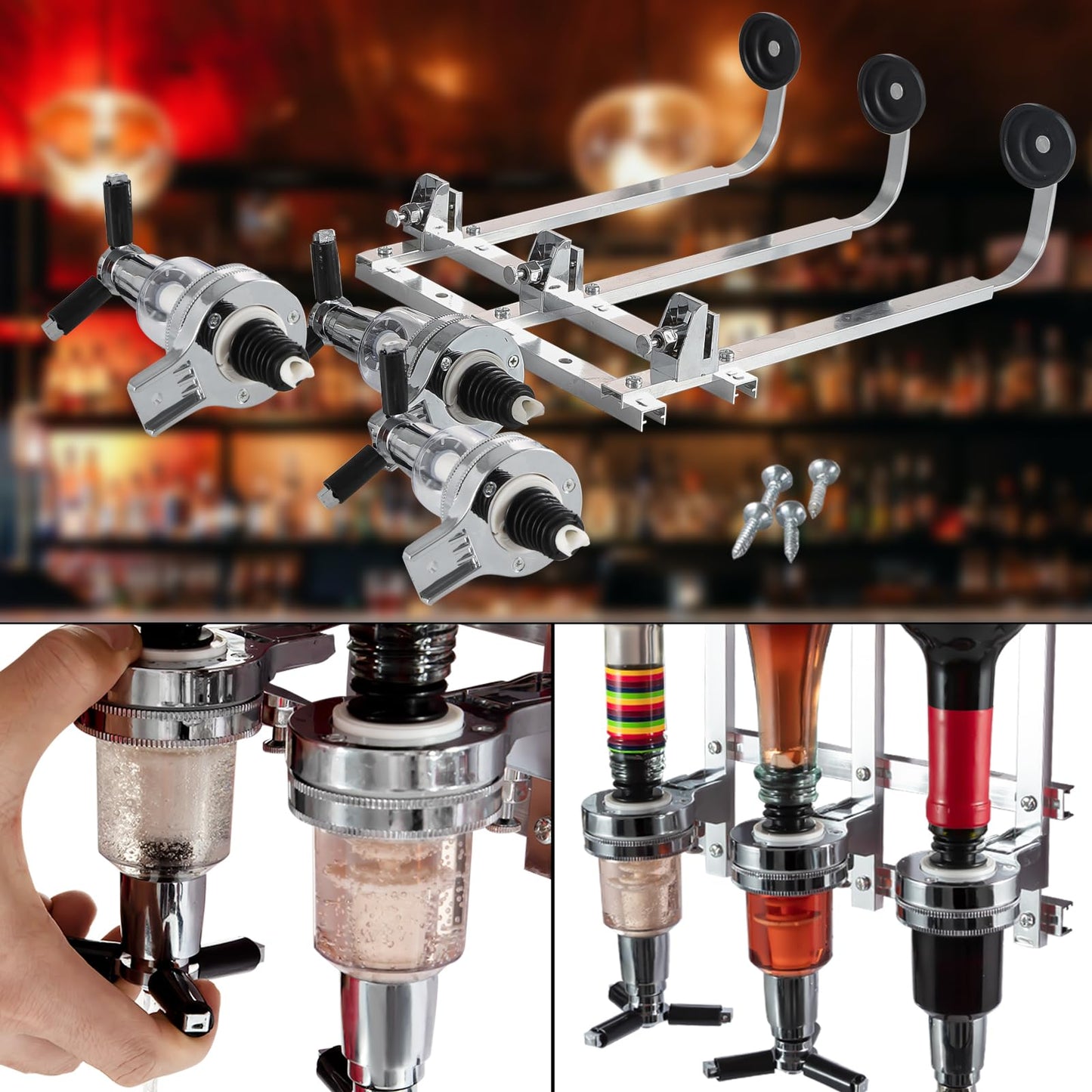 3 Bottle Wall Mounted Liquor Dispenser Bar Butler Bracket Solo Optic Spirit Wine Beer Alcohol Bottle Beverage Stand Revolving Nozzle Drinkware Set