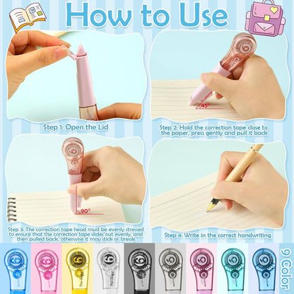 9 Pack Correction Tape Pens 1/5" X 236", 9 Color Correction Tape Comfortable Pen Shape Correction Pen Easy to Use Applicator for Instant Correction Students School Office Supplies