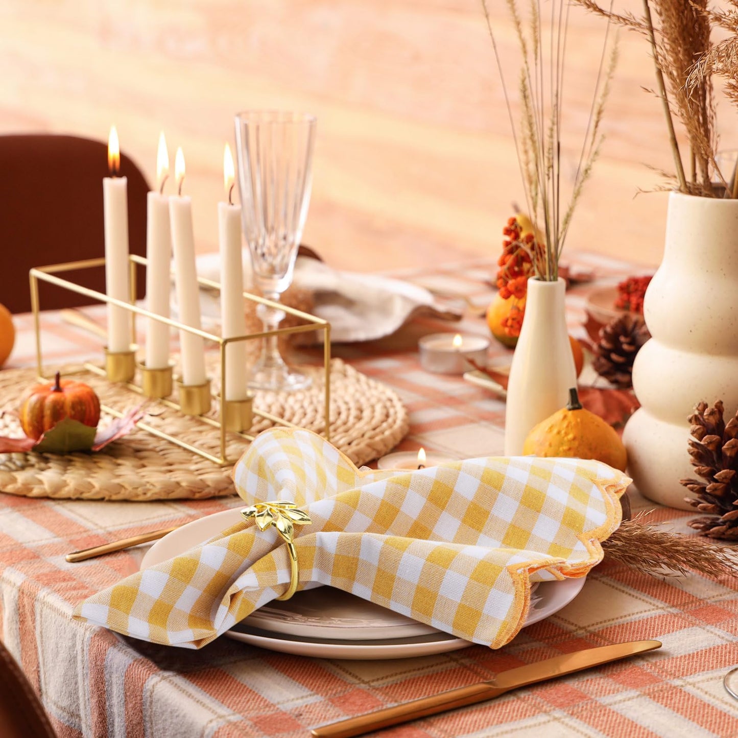 SmoothNovelty 12 Pack Buffalo Plaid Cloth Napkins 18x18 Inch Checkered Cloth Napkins Scalloped Soft Cotton Table Mat Washable Reusable for Dinner Wedding Holiday Birthday Parties (Classic,Yellow)