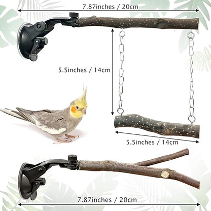 BNOSDM 2 Pcs Bird Perch Stand, Parrot Wood Perch with Strong Suction Cup, Movable Perches Stand Bird Training Set, for Window Shower Bathroom Ceramic Tiles for Parrots, Parakeets, Budgies, Lovebirds