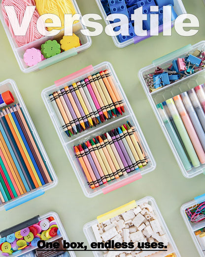 GEOPHIA 12 Pack Extra Large Pencil Box with Removable Divider, Thickened Pencil Case Bulk, Clear Crayon Marker Organizer Stackable Plastic Small Storage Containers for Pen Craft School Supplies, Multi