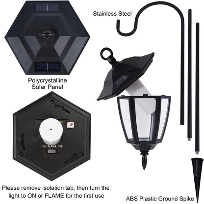 Dynaming 2 Pack Solar Halloween Flame Hanging Lights Outdoor, Flickering Flame LED Garden Lanterns with 2x38 Inch Shepherd Hooks, Landscape Lighting Waterproof for Lawn Yard Pathway Driveway, Purple