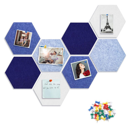 8 Packs Blue White Hexagon Felt Pin Board, 12" Bulletin Board with 30 Push Pins, Felt Board for Home Kitchen Office Decor, Self-Adhesive Corkboard Tiles for Walls School Message Photos Memos