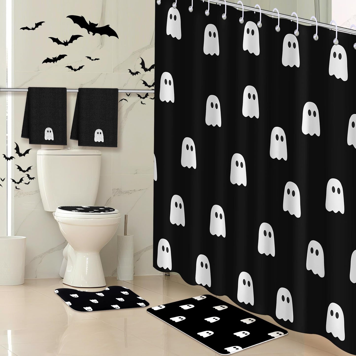 Maasechs 6 Pcs Halloween Ghost Shower Curtain Set 72" Ghost Bathroom Curtain with 12 Hooks Non Slip Rug Toilet Lid Cover Embroidered Towel U Shaped Rugs Non Slip Bath Mat for Halloween Home Decor