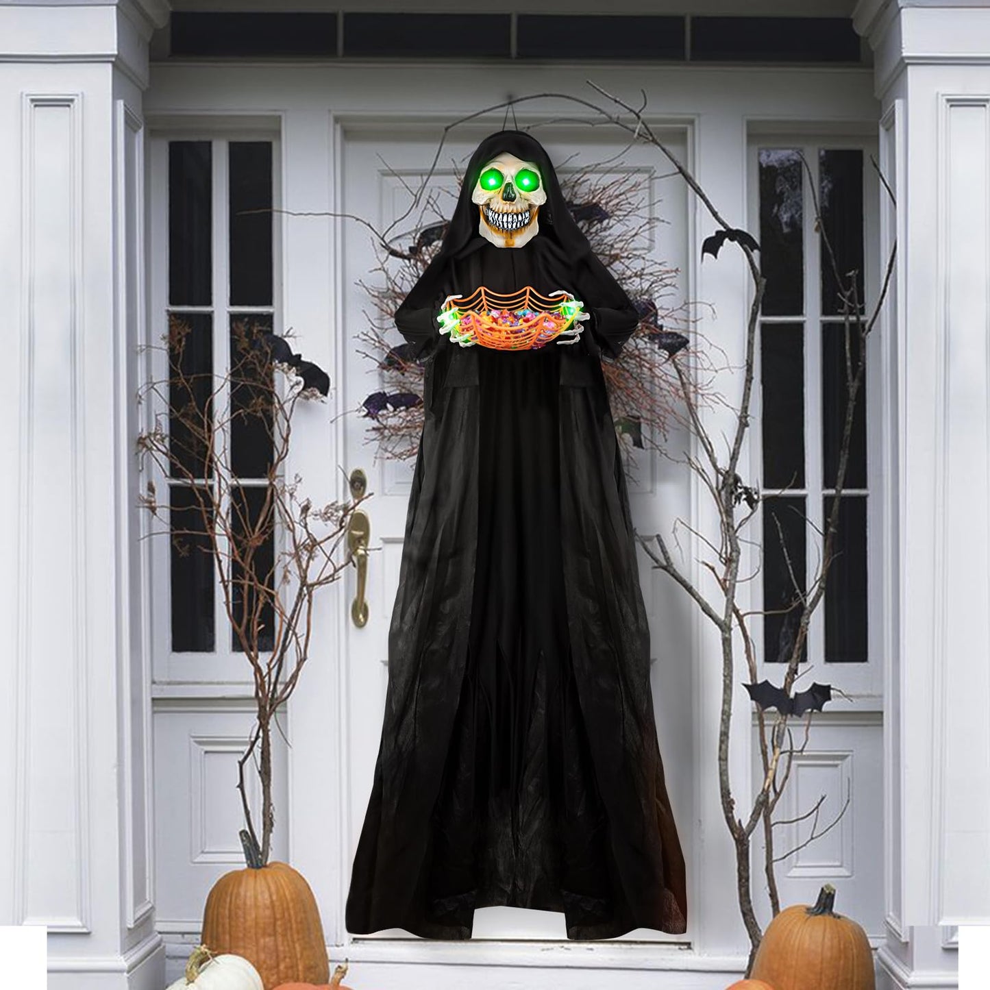 71” Halloween Hanging Animated Skeleton Ghost Decoration with Sound Activated, Candy Dish, Glowing Eyes, Spooky Sounds for Halloween Haunted House Prop and Party Decor, Indoor/Outdoor Display