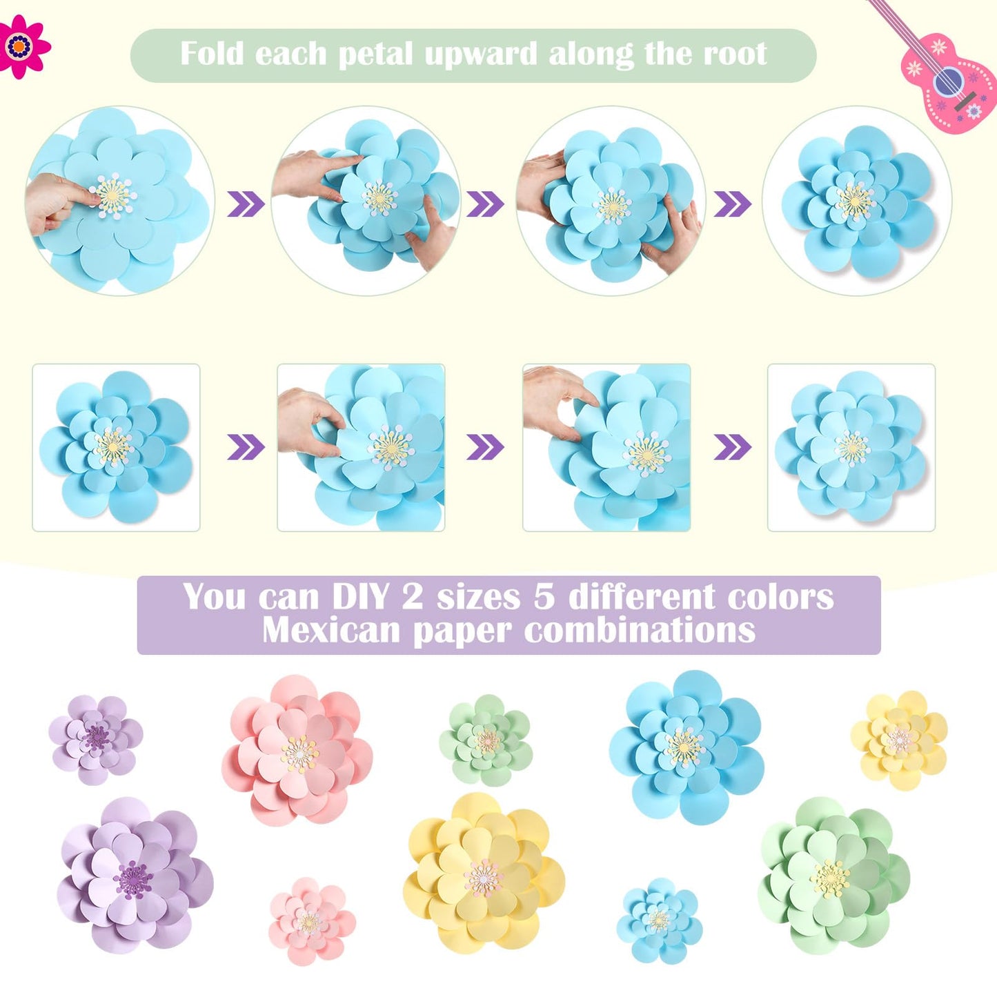 Mooliwe Paper Flowers Decorations for Wall DIY 3D Paper Bulletin Board Mexican Flowers Backdrop Decoration for Classroom Back to School Holiday Party(Fresh,10 Set)