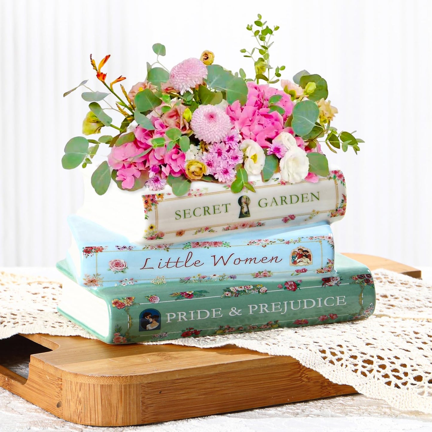 Garsheon Book Planter, Ceramic Planters with Drainage Hole, Ceramic Book Vase for Flowers, Cute Plant Pot for Book Shelf Decor, Book Shaped Vase for Book Lovers Gifts, Book Lovers Women