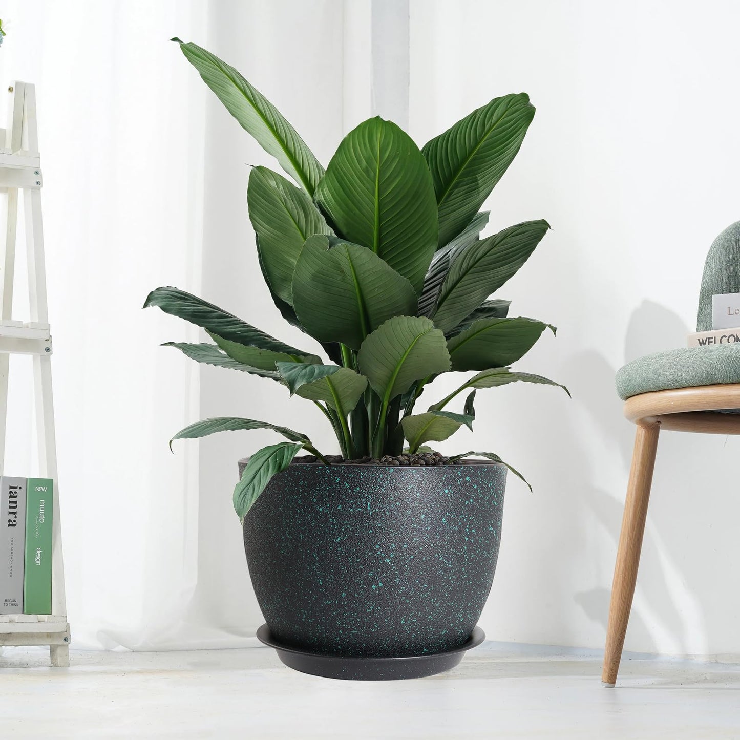 UOUZ 12/10/9 Large Modern Plant Pots, Plastic Planters with Drainage Holes and Saucers for Indoor Outdoor Plants Flowers, Black with Green Speckles