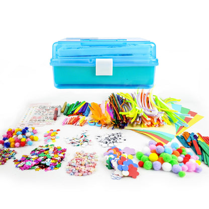 SMILESSKIDDO Arts Craft Supplies for Kids - 1000+ PCS Toddler DIY Craft Art Supply Set, Portable 3 Layered Folding Storage Box School Craft Projects - Gifts for Girls Ages 4-8, 8-12, Blue