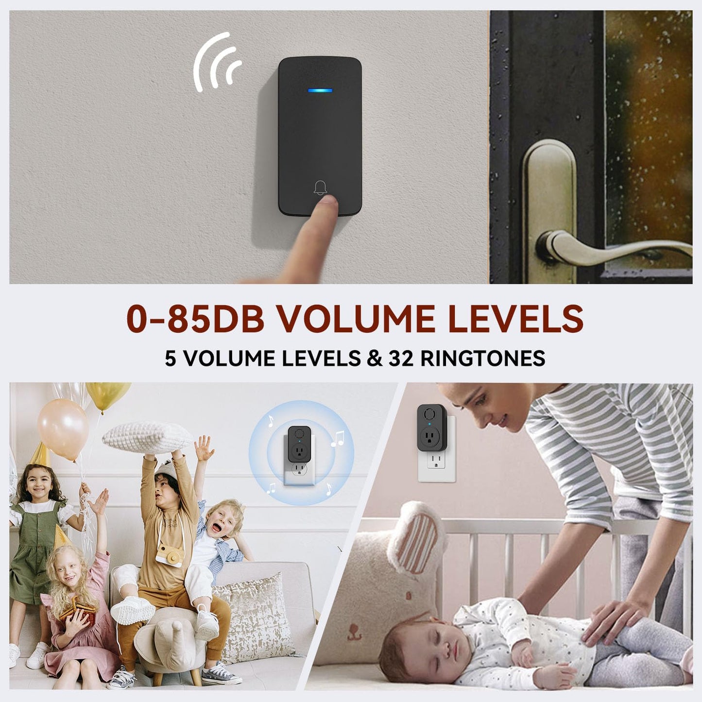 AIDA Wireless Doorbell, Self-powered Doorbell with Extra Socket, No Battery Required Push Button, Cordless Door Bell Ringer, 5 Volume Levels with 32 Doorbell Chimes (White, 2 Button & 1 Receiver)