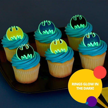 DecoPac Batman Dark Knight Rings, Glow In The Dark Batman Cupcake Decorations, Bat Signal Cake Toppers in Black, Yellow, Blue - 24 Pack