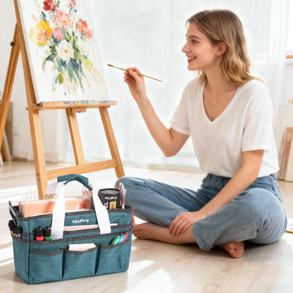 Nicpro Craft Organizer Art Bag, Tote Bag For Art Supply Storage, Portable Supply Organizers Caddy with Multiple Pockets, Craft Bag for Drawing, Scrapbooking, Journal, Sewing, School, Office Supplies