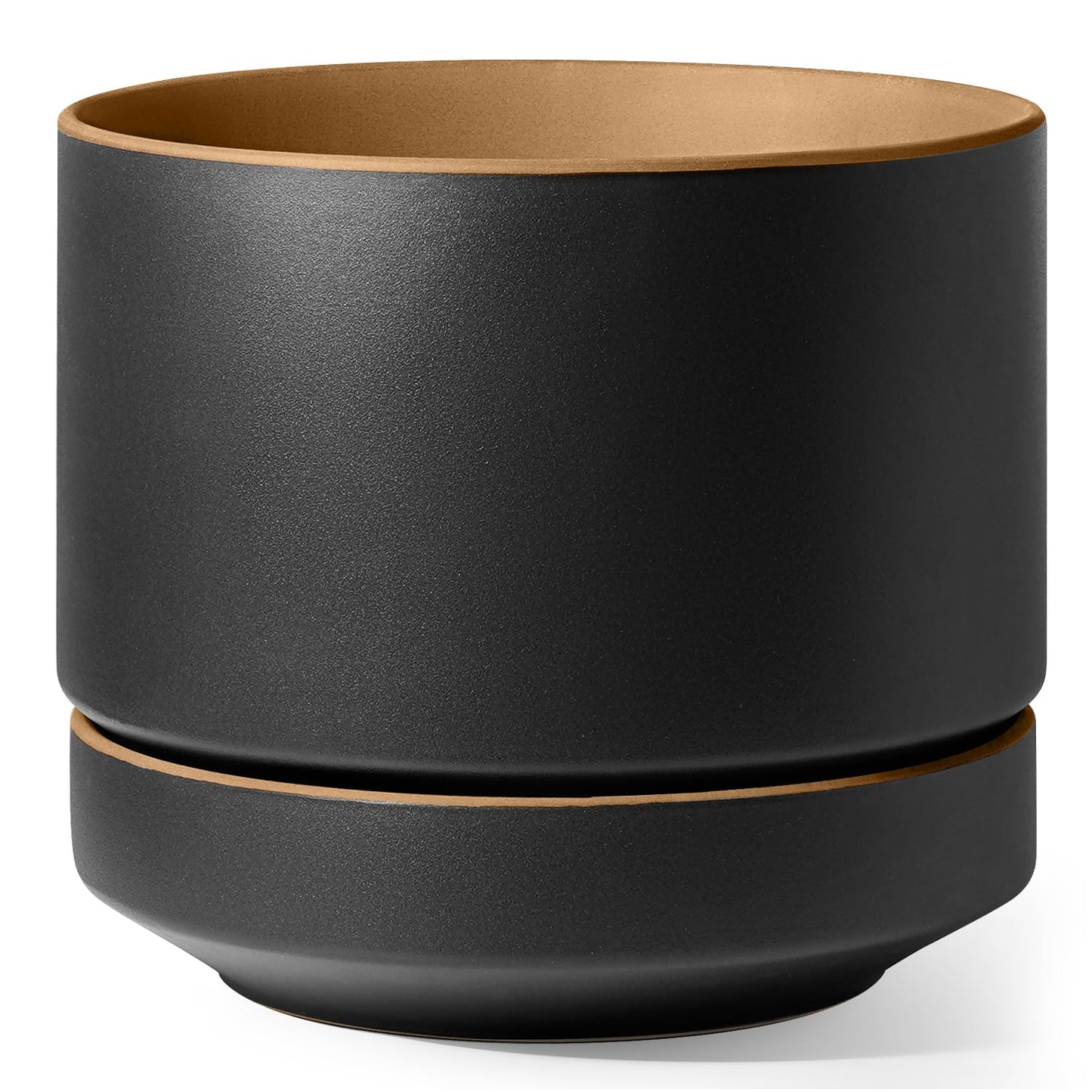 LE TAUCI 12 Inch Pot for Plants with Saucer, Ceramic Indoor Planter Pot with Drainage Hole, Mesh Pad Included, Matte Glazed Outside, Modern for Home and Office, Obsidian Black & Ochre