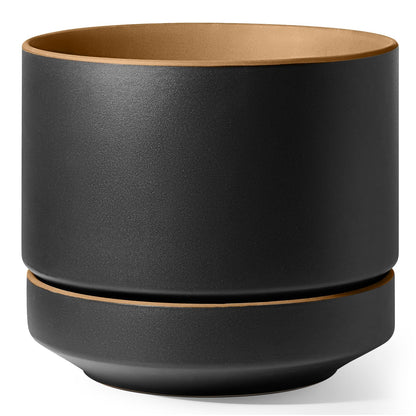 LE TAUCI 12 Inch Pot for Plants with Saucer, Ceramic Indoor Planter Pot with Drainage Hole, Mesh Pad Included, Matte Glazed Outside, Modern for Home and Office, Obsidian Black & Ochre
