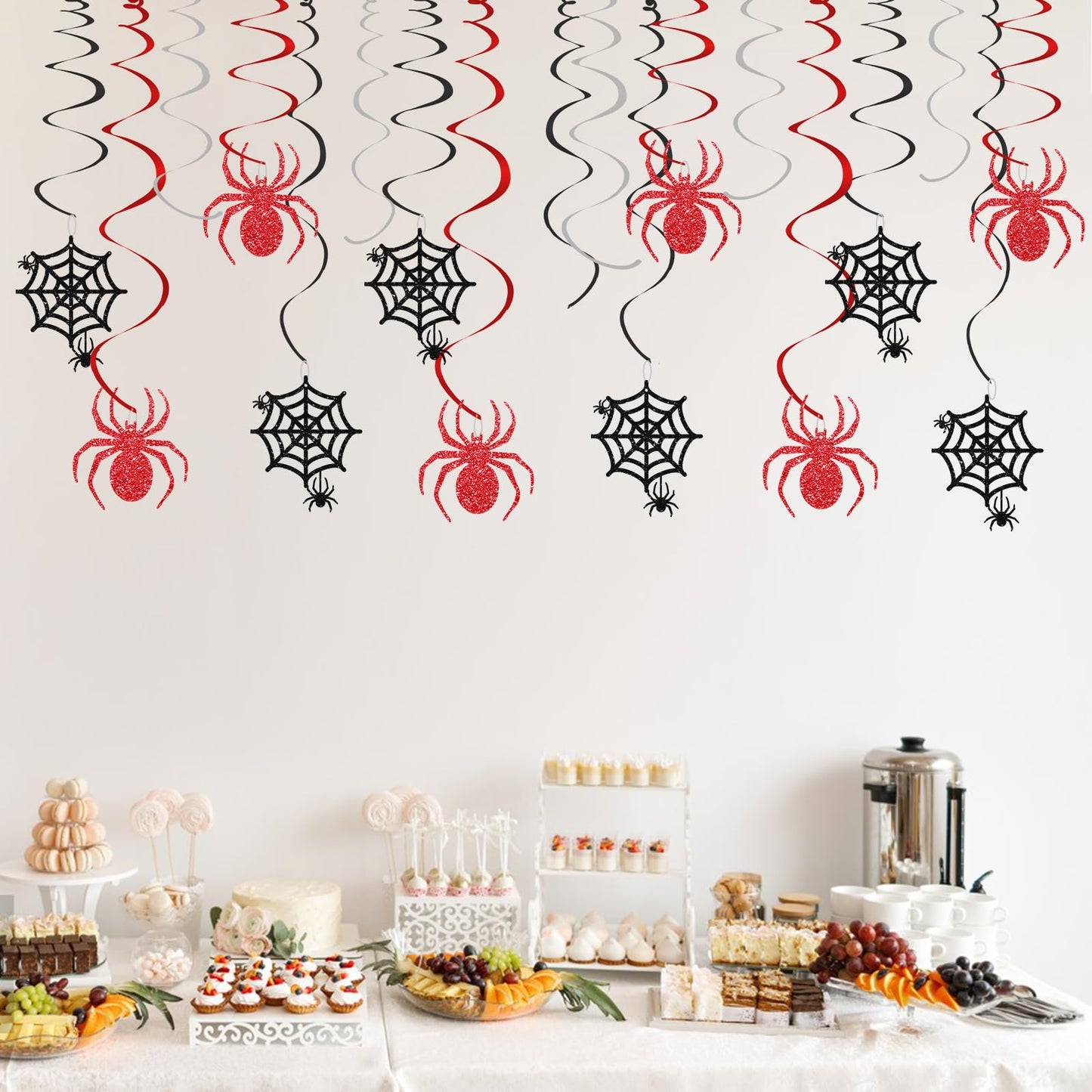 Spider Hanging Swirls, Halloween Hanging Decoration, Spider Web Foil Ceilling Decor for Birthday, Spooky Halloween Party Favors - Black Glitter