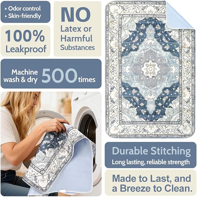 Washable Pee Pads for Dogs, 2 Pack Reusable Puppy Training Pads 60"x48" Super Absorbent Waterproof Dog Training Pads, Non-Slip Potty Pads, Whelping Pads Litter Mat Navy & Ecru
