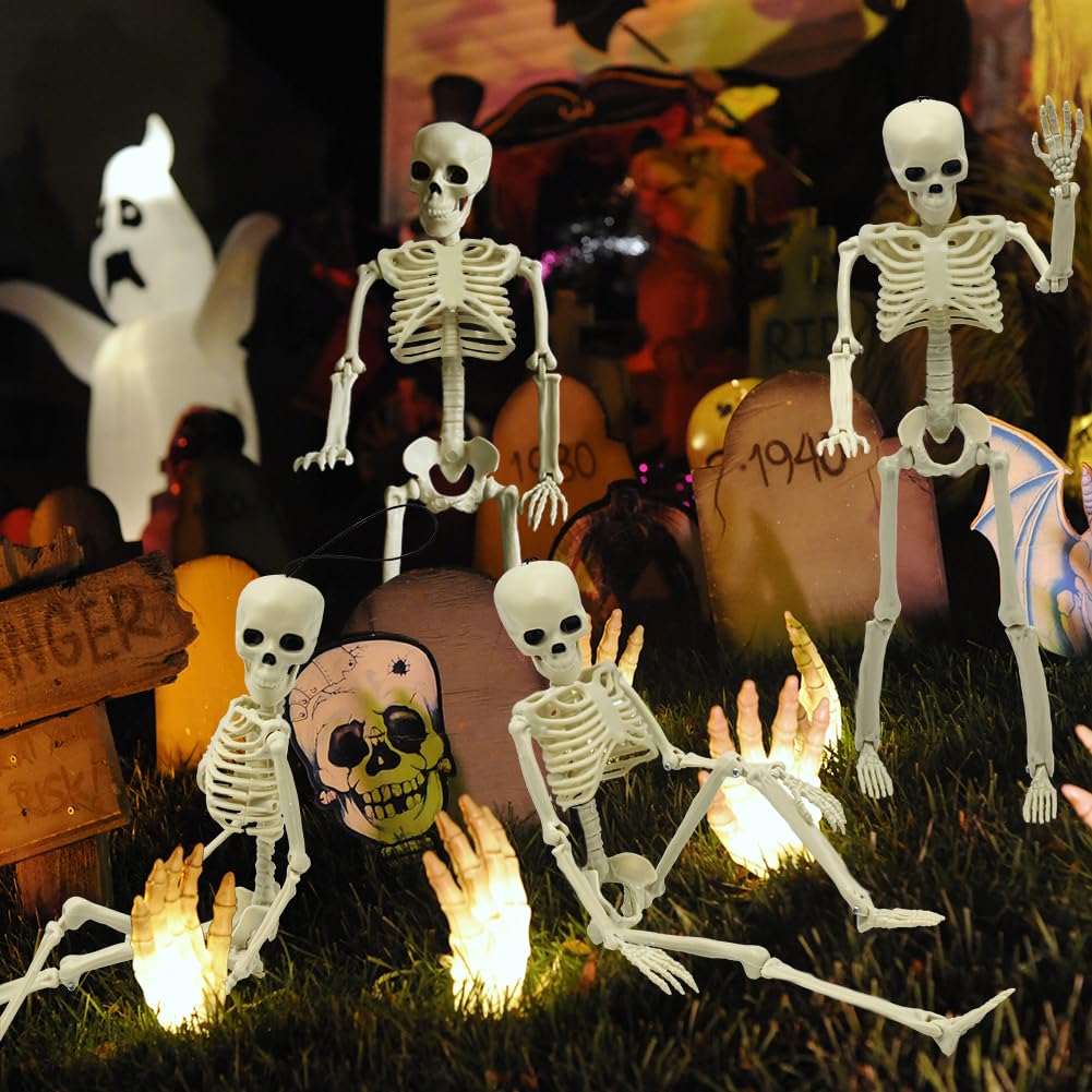 CAMIRUS 4PCS Halloween Skeletons Decorations, 16" Full Body Plastic Mini Little Skeleton Posable Joints Poseable Skeleton for Halloween Party Hanging Decoration Yard Lawn Garden Patio Decor