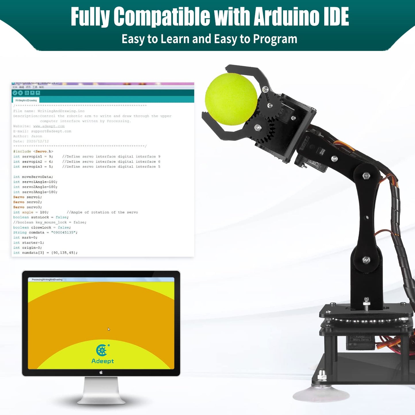 Adeept 5DOF Robotic Arm Kit Compatible with Arduino IDE, Programmable DIY Coding STEM Educational 5 Axis Build Robot Arm,Robot Starter Kit with OLED Display Processing Code and Tutorials - Wooden