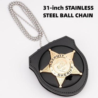 TT TYTX Police Badge Holder (Badge Not Included), Leather Universal Sheriff Badge Holder with Belt Clip, Hook and Loop Closure and Round Neck Stainless Steel Chain (Circle 2.7 Inch)