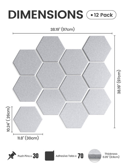 Fluxynara Hexagon Cork Board Alternative for Walls Decor-12-Pack Felt Bulletin Board Tiles,with 30 Pushpins,70 Adhesive Tabs for Office,Classrooms & Home Pin Board Felt Board-Soft Gray