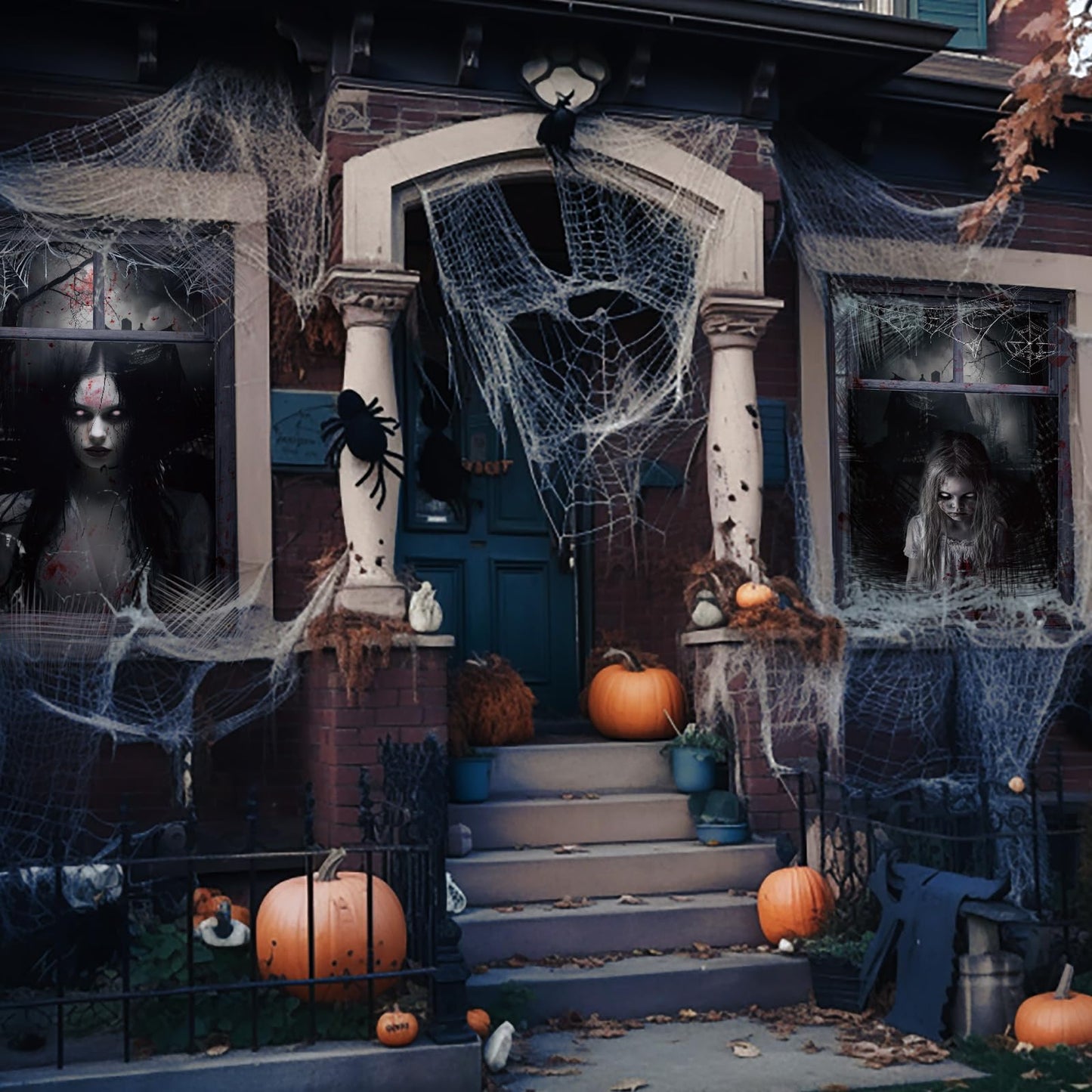 Newwiee 2 Pcs Scary Halloween Curtain Window Silhouette Cover Decoration Theme Poster for Indoor Outdoor Party Wall Door(Female Ghost)