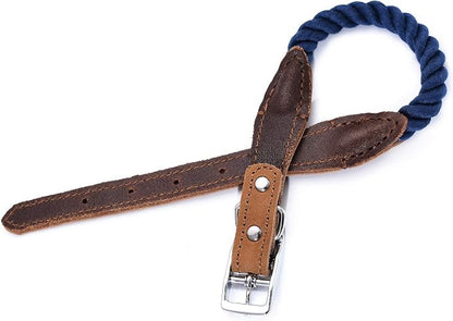 Mile High Life Genuine Leather Dog Collar, Durable Braided Cotton Rope Collar with Metal Pin Buckle for Small Medium Large Dogs (Navy Blue, M Neck 15"-18")