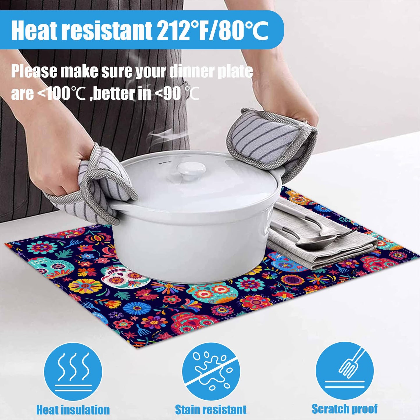 Sugar Skull Mexican Día de Los Muertos Placemats Set of 6, Halloween Washable Linen Place Mat Heat Resistant Non Slip Kitchen Dining Table Mats 12x18 Inch