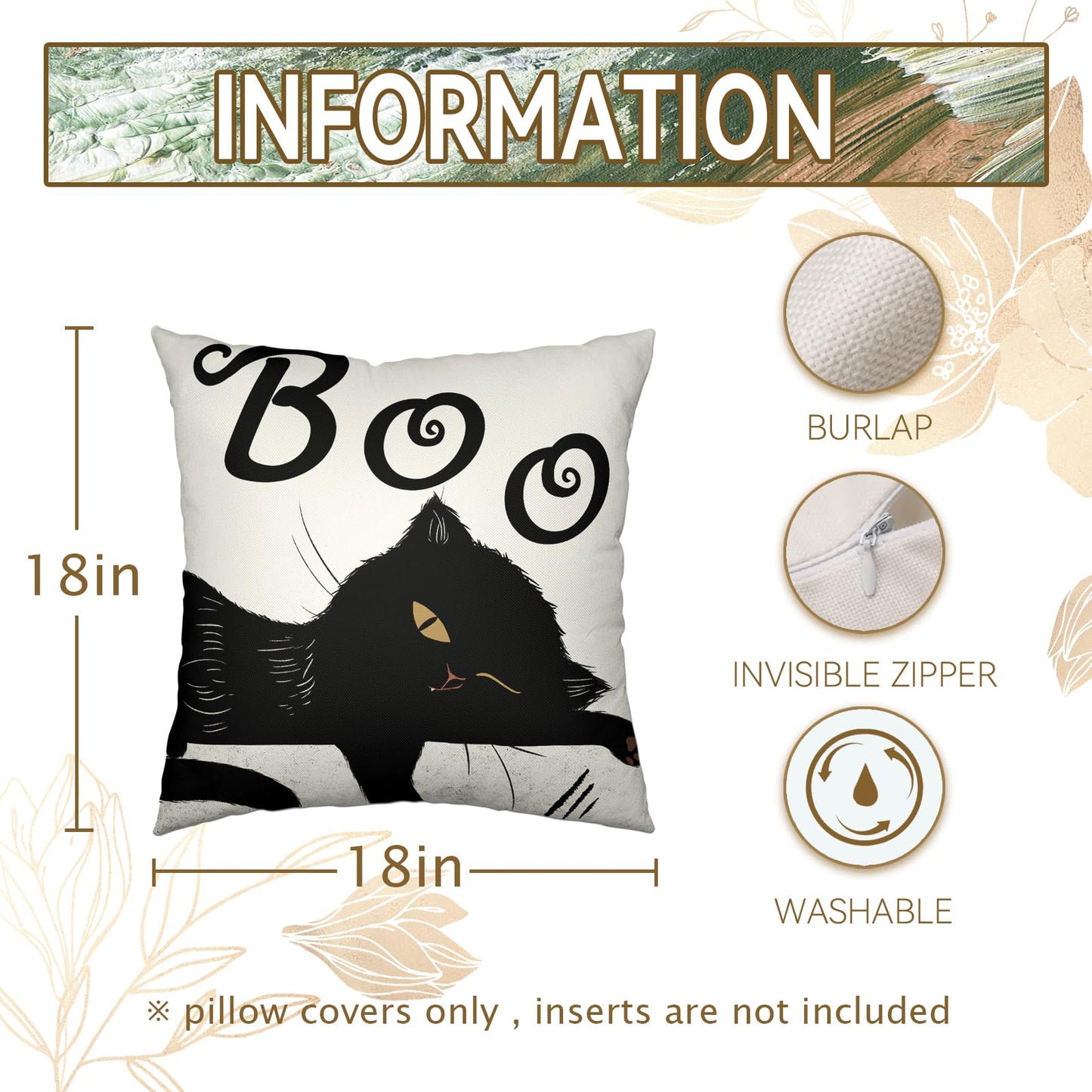 Cryfox Witch Cat Halloween Pillow Covers 18x18 Inch Set of 2 Black Boo Throw Pillows Cover Cute Holiday Pillow Cushion Case for Home Sofa Decorations