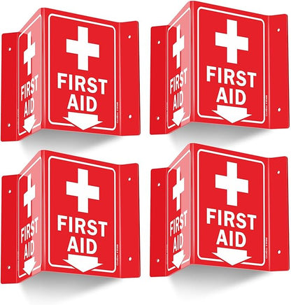 GicnKeuz First Aid Sign, 8" x 6" First Aid with Cross Symbol, Two-Sided Acrylic V-Sign for Business or Office or Wall Décor, Including Screws, Easy to Install (4 Pack)