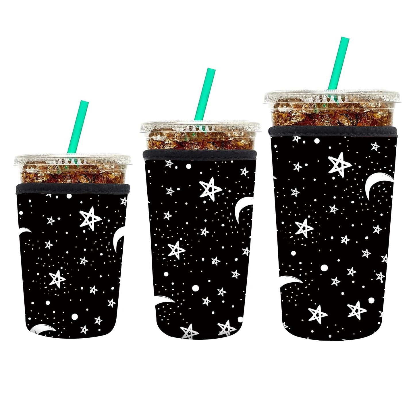AUEKLLW 3 Pack Reusable Neoprene Insulator Sleeve for Iced Coffee Cups, Funny Coffee Cup Sleeves for 16-32oz Coffee cups, Cute Drink Sleeve for Cold Hot Beverages Cute Moon Star