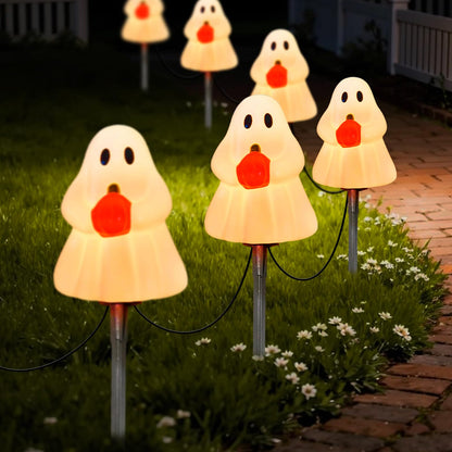 Halloween Ghost Pathway Lights Outdoor, 7Ft C7 Halloween Decorations Pathway String Lights with 4 Elves Holding Pumpkin Walkway Lights Waterproof, Plug-in Night Lights for Porch Yard Patio Garden