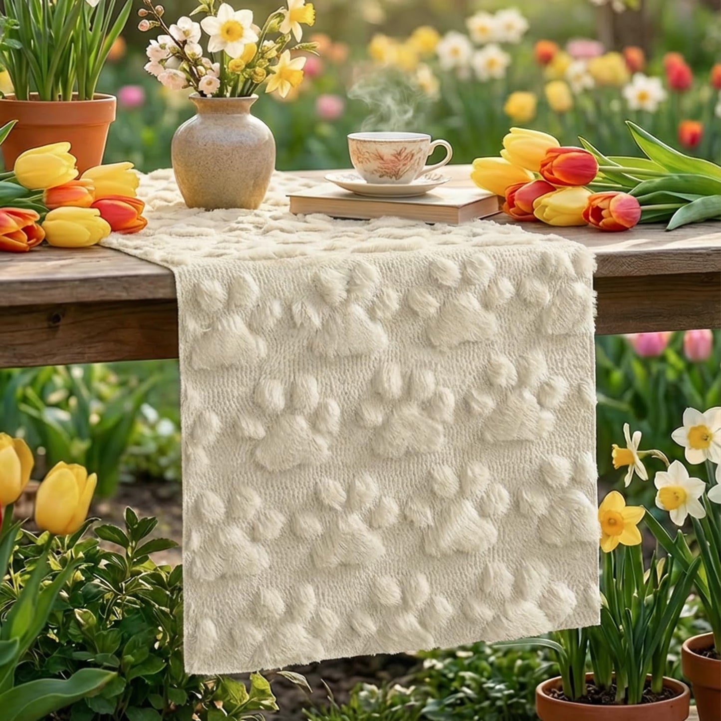 Artoid Mode Beige Soft Plush Faux Fur Jacquard Paws Pet Table Runner, Kitchen Dining Table Decoration for Home Party Decor 13x72 Inch