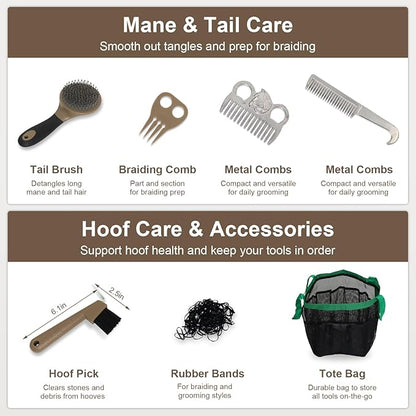 Horse Grooming Kit 14 Pieces, Horse Brushes Set for Grooming & Bathing Supplies, Professional Horse Supplies with Mane & Tail Comb, Curry Comb, Hoof Pick, Gloves & Mesh Tote Bag for Equine Care