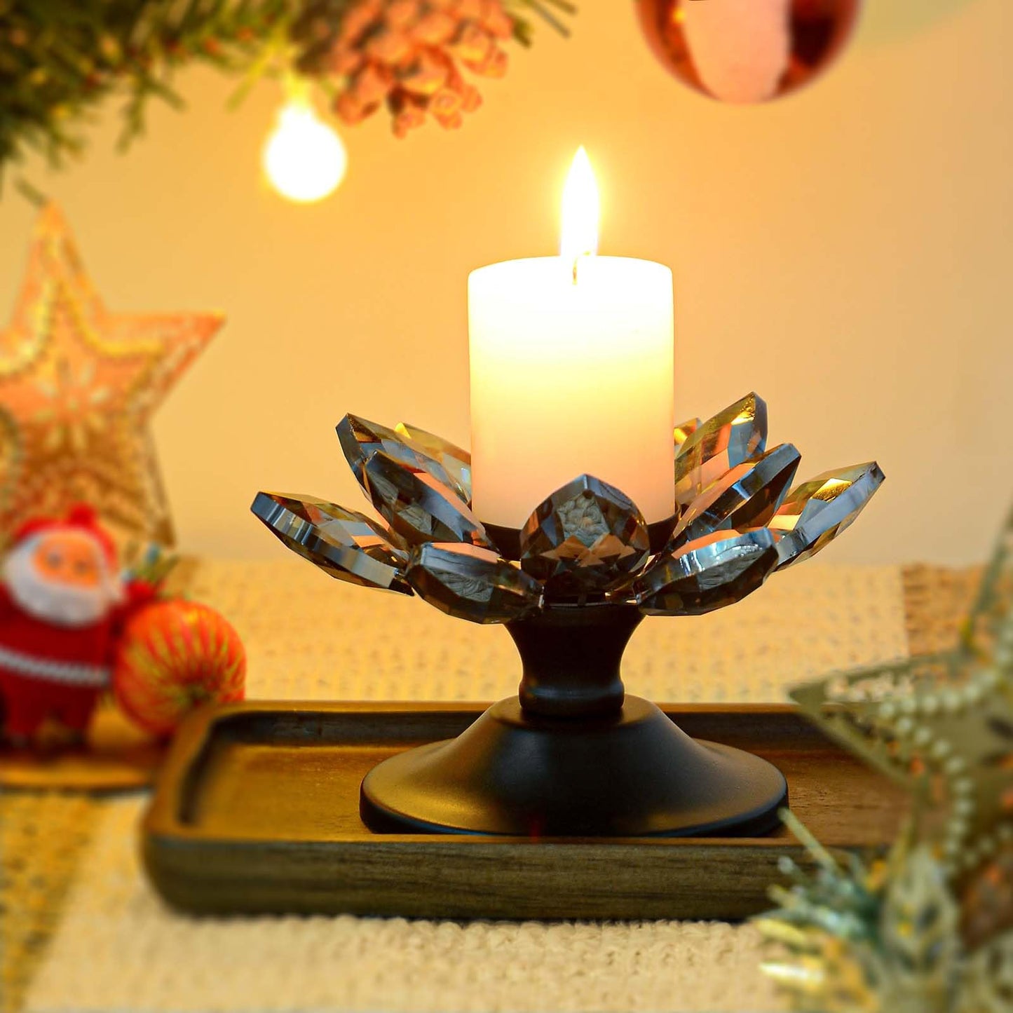 2 PCS Black Crystal Flower Tea Light Holder, Glass Tealight Candlestick with Metal Base, Votive Candle for Table Centerpiece, Wedding/Parties Decor, Nice Gift