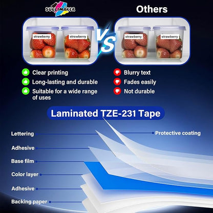 TZE-231 Label Maker Tape 12mm 0.47 Laminated Black on White 1/2" x 8m Replacement for Ptouch TZ TZE TZE231 Label Tape Cassette for PT-D220 PTD220 D220 PT-D210 PTD210 PT-H110 PT-D200 PT-D410 (7 Packs)