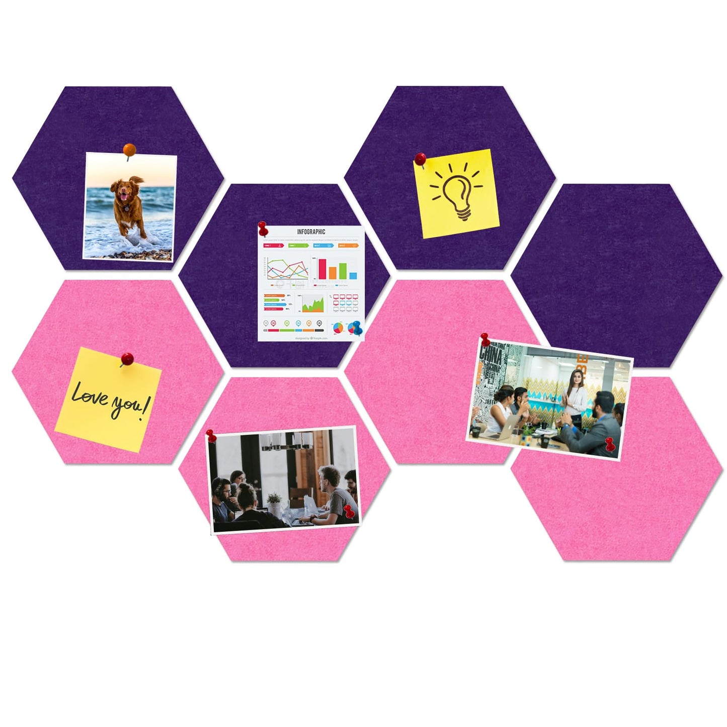 HULAVO Large Hexagon Felt Cork Board Tiles, Self Adhesive DIY Felt Bulletin Board Pin Board with 35 Pushpins for Office School Home Wall Decor Stickers Memos Photos Display(Purple+Pink)