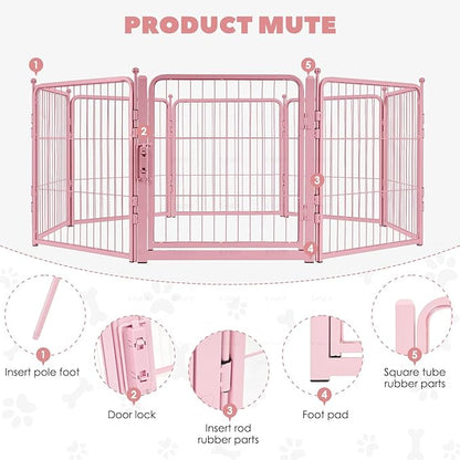 Pink Dog Playpen for Small Dogs & Puppies - 24 Inch Metal Pet Fence Indoor Outdoor with Door, Foldable Exercise Pen, Portable Rabbit Enclosure for Camping, RV, Yard (8 Panels)