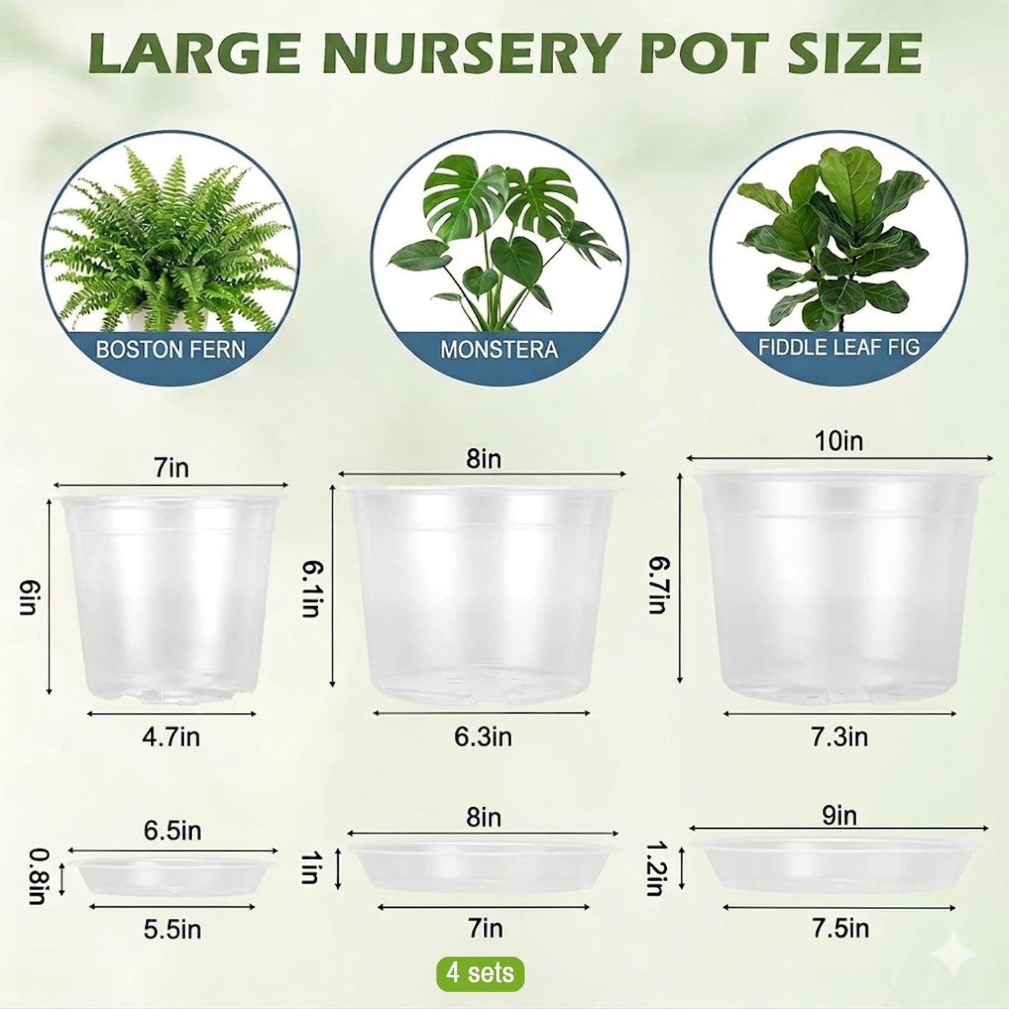 THEIFOXONE 4 Sets 8 Inch Large Clear Nursery Pots with Drainage Holes, Thick Reusable Plastic Plant Pots for Indoor Outdoor Plants, Seedlings, Succulents, Transplanting (8 inch)