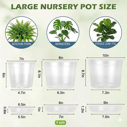 THEIFOXONE 4 Sets 8 Inch Large Clear Nursery Pots with Drainage Holes, Thick Reusable Plastic Plant Pots for Indoor Outdoor Plants, Seedlings, Succulents, Transplanting (8 inch)