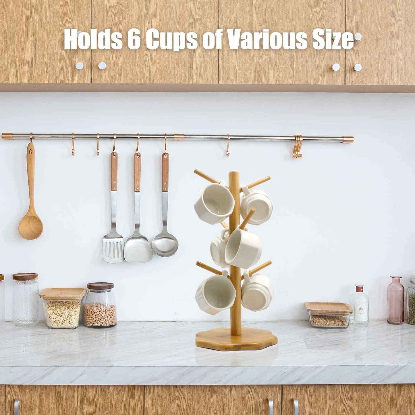 Gihunk Bamboo Countertop Mug Tree Stand with 6 Hooks, Octagon Base Coffee Cup Tree