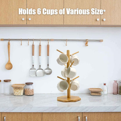 Gihunk Bamboo Countertop Mug Tree Stand with 6 Hooks, Octagon Base Coffee Cup Tree
