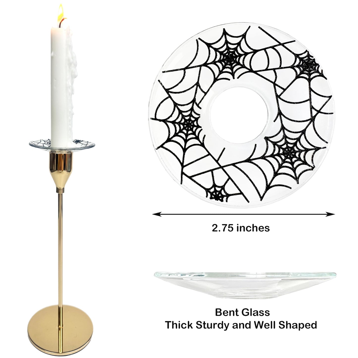 VGEUNA 4 Pieces Patterned Glass Bobeches for Candlestick Holder, Halloween Spider Web Design, Candle Drip Protector Guard, Wax Catcher Ring Accessories (Spider Web)
