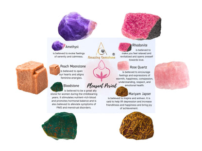 Amazing Gemstone Crystals for Pleasant Period Menstrual Cycle Menses, Set of 6 Blood Stone, Rose Quartz, Peach Moonstone, Mariyam Jasper and Rhodonite Healing Crystals and Stones