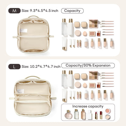 mibasies Travel Makeup Bag for Women, Large Capacity Waterproof PU Leather Flat Open Cosmetic Bag, Portable Toiletry Bag for Business Trip & Daily Use