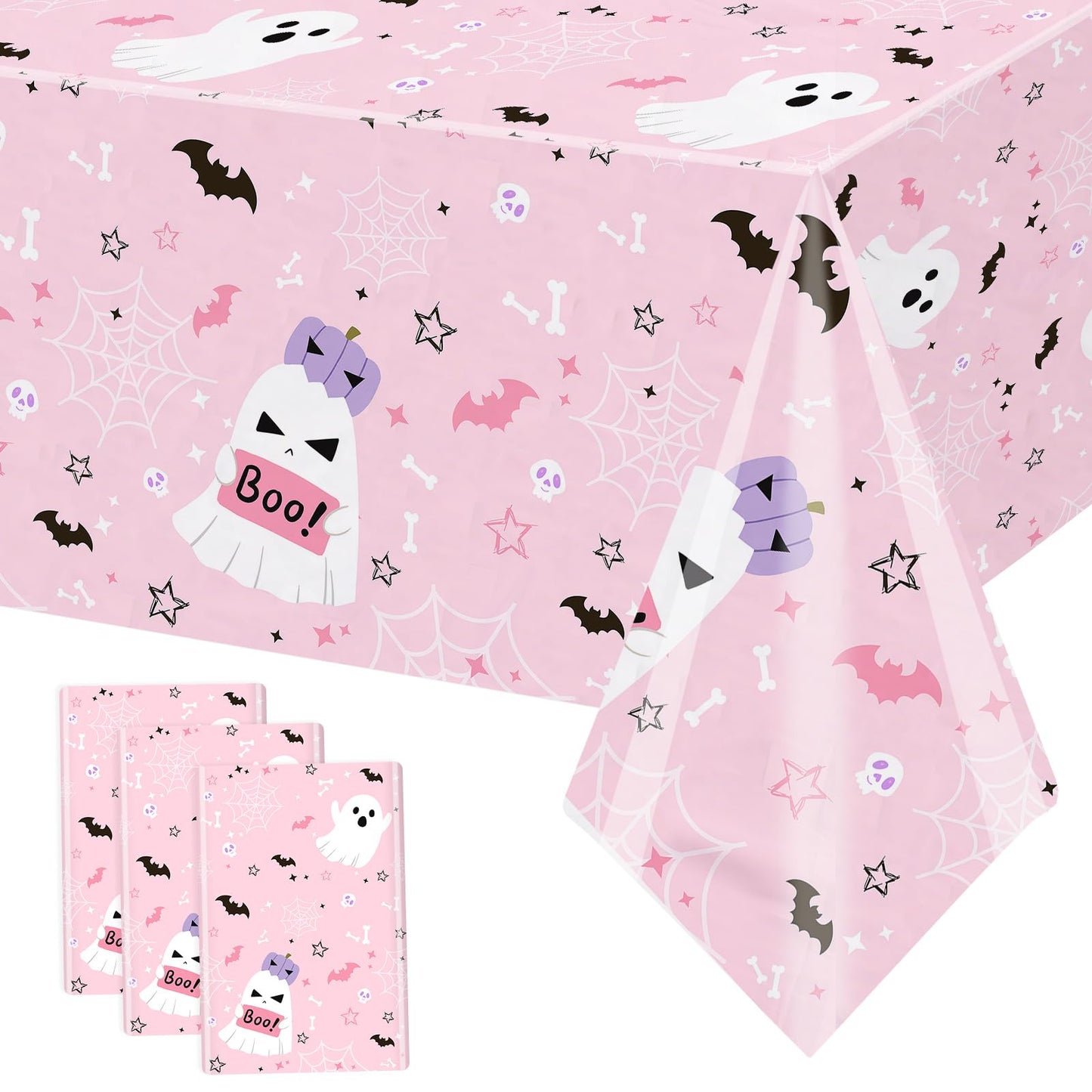 MEHOFOND 3 Pack Pink Halloween Plastic Tablecloths, Little Boo Baby Shower Decorations, Halloween Spooky Spider Web Happy Booday Disposable Table Cover Party Supplies for Birthday Baby Shower
